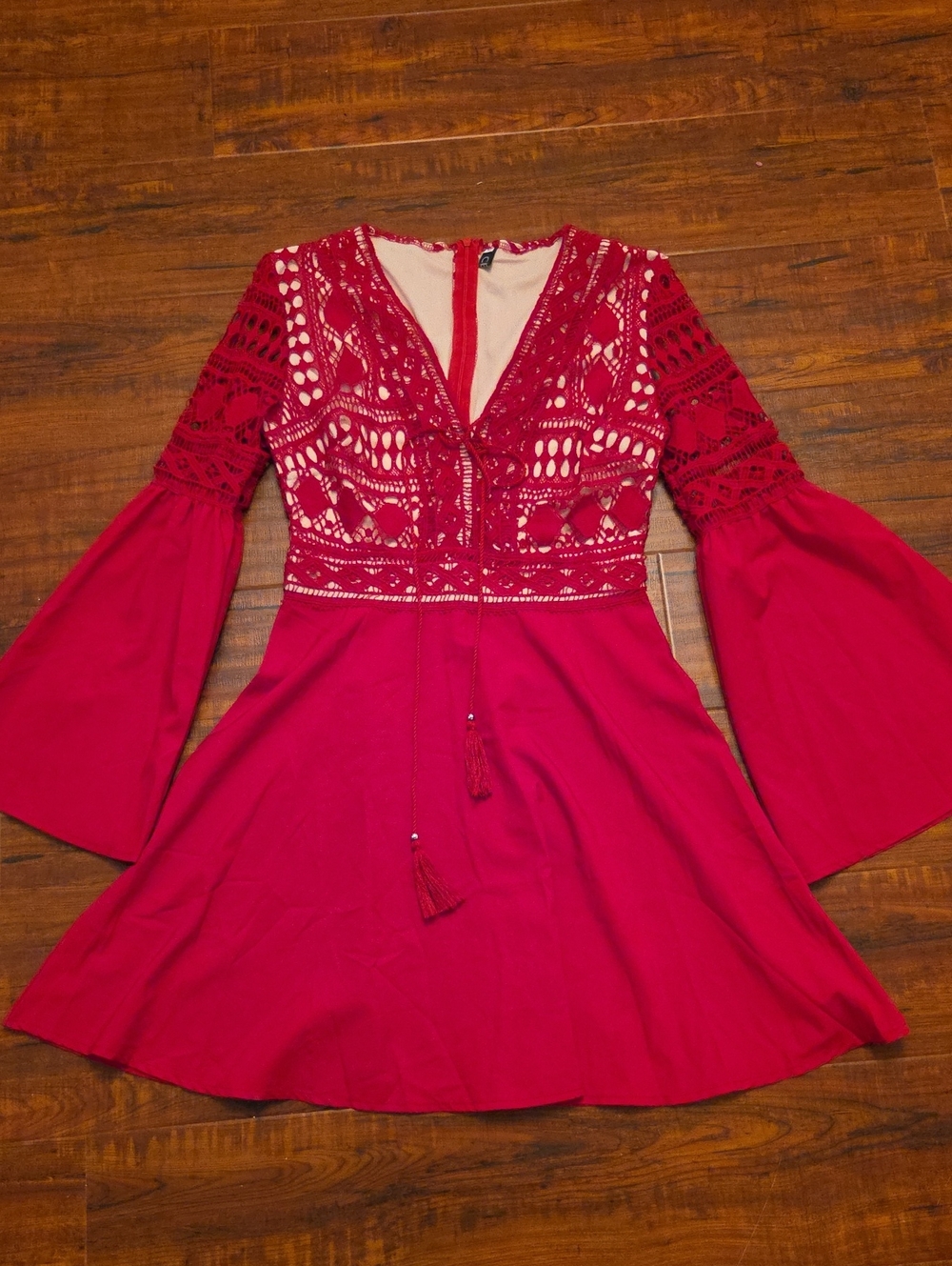 CBR Red Lace Bell-Sleeve Fit & Flare Dress